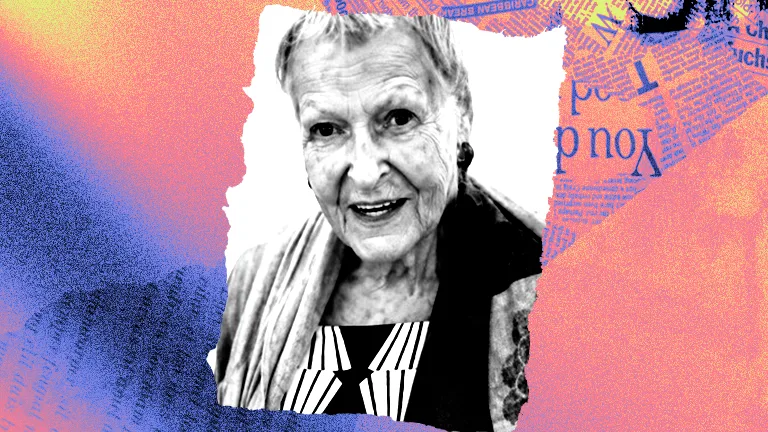 Montagem gráfica mostra um retrato em preto e branco de uma mulher idosa sorrindo levemente, posicionada ao centro. Ao redor da imagem, há recortes de jornais em tons de azul e roxo, sobrepostos a um fundo com degradê em rosa, laranja e verde-claro. O efeito de colagem remete à memória, à imprensa e à reconstrução de uma trajetória histórica. A composição destaca a personagem como figura central de uma narrativa biográfica e de relevância pública.