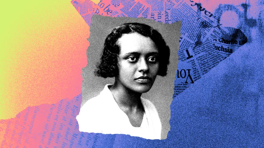 Montagem gráfica apresenta um retrato em preto e branco de Almerinda Gama, mulher negra com cabelos curtos e ondulados, vestindo uma blusa clara. Ela olha diretamente para a câmera com expressão séria e confiante. A fotografia está sobreposta a um fundo em tons de rosa, azul e laranja, com recortes de jornais espalhados pela composição. A imagem destaca Almerinda Gama como jornalista, sindicalista e sufragista que atuou na luta pelos direitos das mulheres e pela participação política no Brasil.