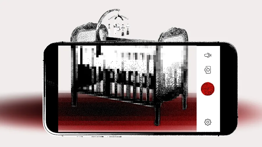 Ilustração mostra um celular na posição horizontal exibindo a imagem de um berço infantil por meio da interface de um aplicativo de câmera. Sobre o berço há um móbile com pequenos brinquedos pendurados, enquanto um grande botão vermelho de gravação aparece na lateral da tela. A imagem tem tons de preto, branco e vermelho, com efeito granulado.