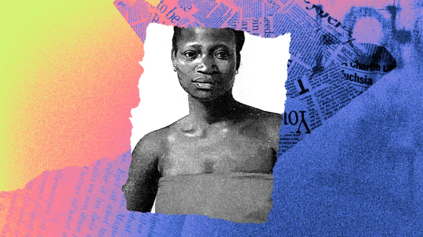 Montagem gráfica apresenta um retrato em preto e branco de Tereza de Benguela, mulher negra com cabelos presos e olhar firme voltado para a câmera. Ela veste uma peça de tecido sem alças e aparece em destaque sobre um fundo artístico em tons de rosa, azul e laranja, com recortes de jornais espalhados pela composição. A imagem remete à memória e ao resgate histórico de Tereza de Benguela, líder do Quilombo do Quariterê e símbolo da resistência negra e da luta pela liberdade no Brasil.