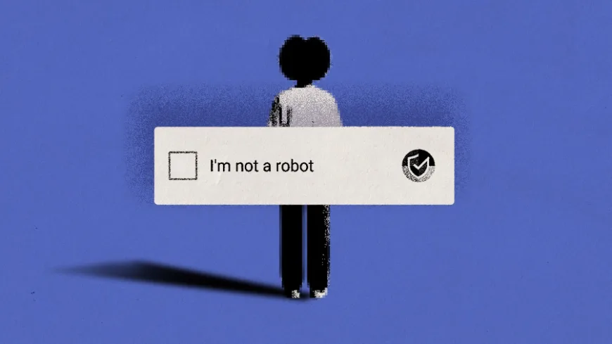 Ilustração mostra a silhueta de uma pessoa sobre um fundo azul, parcialmente encoberta por uma caixa de verificação digital com a frase em inglês “I’m not a robot” (“Não sou um robô”). A caixa de seleção está vazia e, à direita, aparece um símbolo de verificação. A composição contrapõe a figura humana a um mecanismo usado para distinguir pessoas de sistemas automatizados, remetendo aos limites entre humanidade, inteligência artificial e tecnologia.