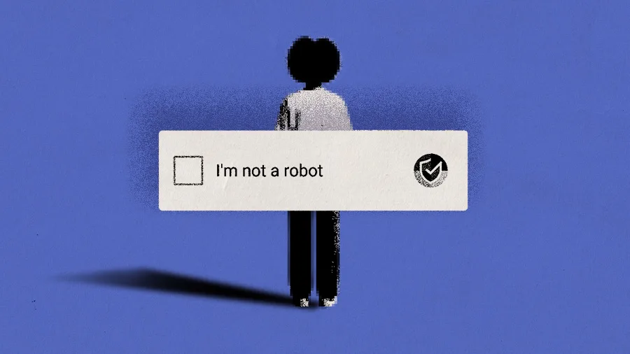Ilustração mostra a silhueta de uma pessoa sobre um fundo azul, parcialmente encoberta por uma caixa de verificação digital com a frase em inglês “I’m not a robot” (“Não sou um robô”). A caixa de seleção está vazia e, à direita, aparece um símbolo de verificação. A composição contrapõe a figura humana a um mecanismo usado para distinguir pessoas de sistemas automatizados, remetendo aos limites entre humanidade, inteligência artificial e tecnologia.
