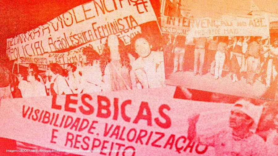 Colagem em tons de vermelho, laranja e rosa reúne fotografias históricas de manifestações e encontros de mulheres. Ao fundo, aparecem faixas com palavras de ordem, entre elas referências à violência, à polícia e ao feminismo. Em primeiro plano, uma faixa traz em destaque: “Lésbicas — visibilidade, valorização e respeito"