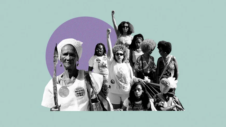 Colagem em preto e branco reúne mulheres de diferentes idades, algumas com os punhos erguidos, sobre fundo verde-claro com círculo roxo.