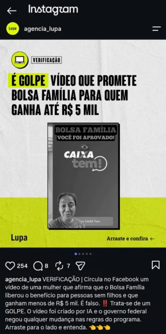 Captura de tela de um post na rede social da Agência Lupa de checagem de fatos, alertando sobre golpe em vídeo que oferece Bolsa Família para pessoas que ganham até R$ 5mil.