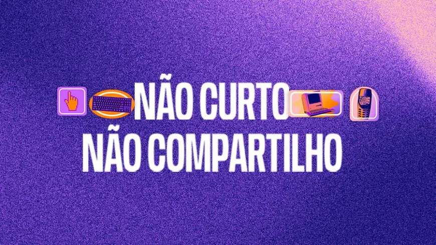 Imagem de abertura com fundo roxo texturizado. No centro, aparece o título “NÃO CURTO NÃO COMPARTILHO”, em letras brancas grandes. Ao redor das palavras há ilustrações de elementos relacionados à tecnologia, como uma mão tocando uma tela, um teclado, um computador e um celular, em tons de laranja, rosa, roxo e azul.