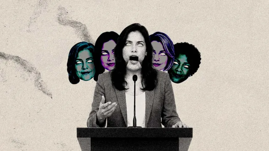 Ilustração em preto e branco com detalhes em azul, roxo e verde. No centro, uma mulher aparece em um púlpito diante de um microfone, com os olhos cobertos por um efeito branco e a boca aberta como se estivesse falando. Atrás dela, há quatro rostos femininos sobrepostos em diferentes cores, formando uma composição em camadas. A imagem tem fundo claro com textura granulada e transmite uma ideia de voz, representação, identidade e múltiplas perspectivas femininas.