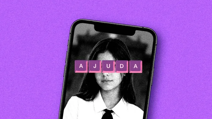 Ilustração com fundo roxo texturizado. No centro, um celular inclinado exibe, em preto e branco, o retrato de uma jovem. Sobre os olhos dela, cinco blocos cor-de-rosa formam a palavra “AJUDA”.