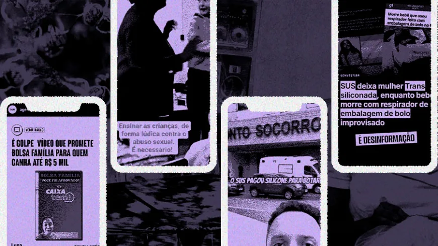 A imagem é uma colagem com um efeito visual granulado e aplicação de um filtro em tons de roxo escuro, lilás e preto. A composição exibe quatro recortes no formato de telas de celular sobrepostas em diferentes ângulos, contendo exemplos de postagens e manchetes de internet que remetem a desinformação ou conteúdos sensacionalistas.