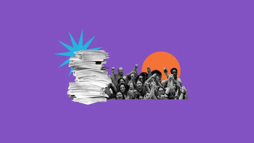Colagem sobre fundo roxo. À esquerda, há uma pilha alta de papéis com uma estrela azul por trás. À direita, uma foto em preto e branco de mulheres negras protestando com os punhos erguidos, posicionada à frente de um círculo laranja.
