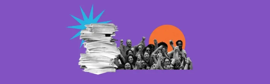 Colagem sobre fundo roxo. À esquerda, há uma pilha alta de papéis com uma estrela azul por trás. À direita, uma foto em preto e branco de mulheres negras protestando com os punhos erguidos, posicionada à frente de um círculo laranja.
