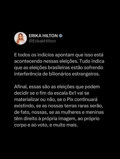 Publicação de Erika Hilton denuncia possível interferência de bilionários estrangeiros nas eleições brasileiras e aponta impactos sobre direitos trabalhistas, Pix e direitos das mulheres.
