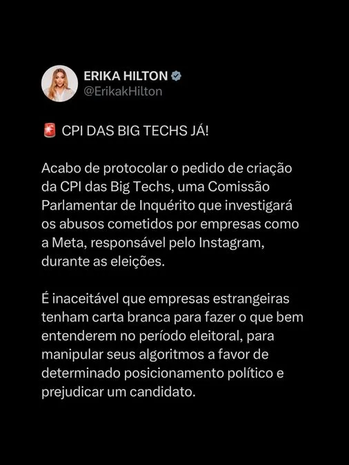 Erika Hilton anuncia pedido de criação de uma CPI das Big Techs para investigar possíveis abusos da Meta e de outras empresas de tecnologia durante as eleições.