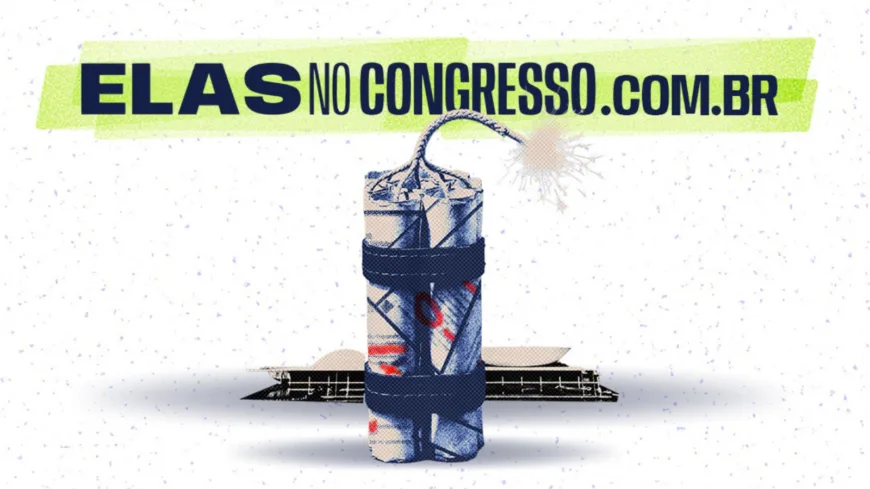 Ilustração do Congresso Nacional representado como uma bomba, com pavio aceso, em uma composição que faz referência às tensões e aos riscos da atividade legislativa. Acima, o endereço elasnocongresso.com.br aparece em letras azuis sobre uma faixa verde-limão.