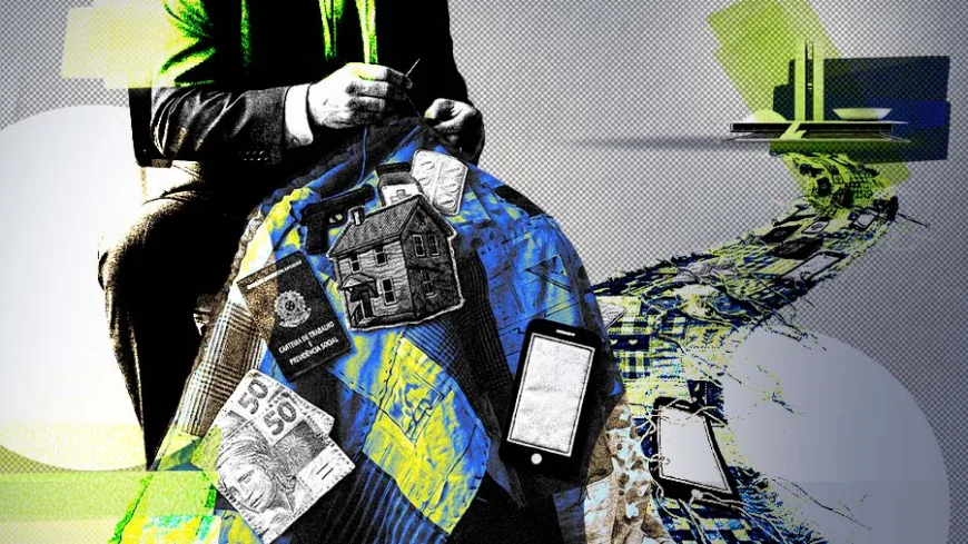 Fotomontagem em preto e branco, azul e verde-limão mostra uma pessoa de terno costurando uma colcha de retalhos estampada com imagens de uma casa, documentos, dinheiro e celulares. Ao fundo, uma composição gráfica conecta os elementos ao Congresso Nacional.