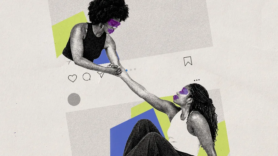 Imagem em preto e branco, com detalhes gráficos em verde-limão, azul e roxo. Duas mulheres aparecem em posições opostas, conectadas pelas mãos: uma está na parte superior, inclinada para baixo, enquanto a outra está na parte inferior, sentada e estendendo o braço para cima. Ao fundo, há formas geométricas coloridas e elementos que remetem à interface de uma rede social, como ícones de curtida, comentário, compartilhamento e marcador.