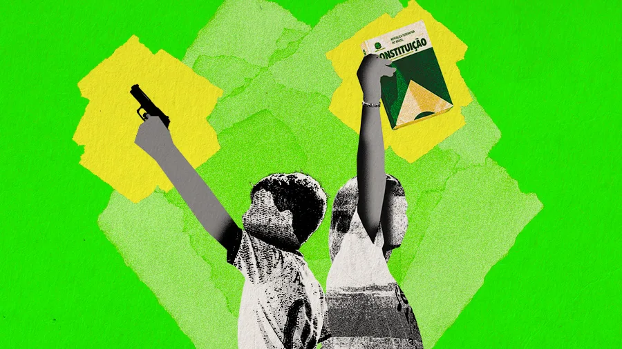 Imagem em preto e branco, com fundo verde vibrante e formas geométricas em verde-claro e amarelo. Duas crianças aparecem de costas, com os braços levantados. À esquerda, uma criança segura uma arma de fogo; à direita, outra segura uma publicação com a palavra “CONSTITUIÇÃO” na capa.