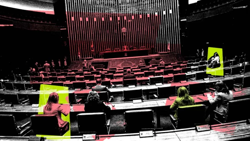 Plenário da Câmara dos Deputados com parlamentares mulheres em destaque por marcações verdes.