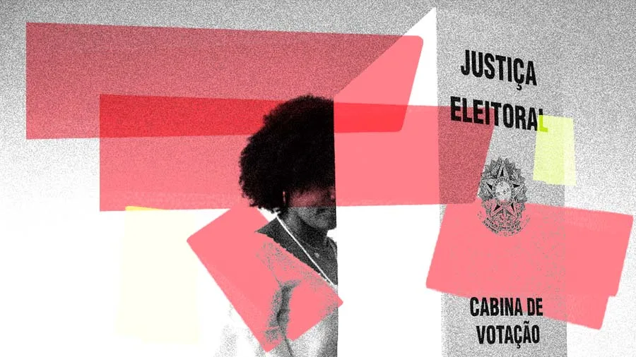 Arte conceitual e colagem gráfica mostrando a silhueta de uma mulher negra ao lado de uma cabina de votação da Justiça Eleitoral, com sobreposições geométricas rosa e amarelas.