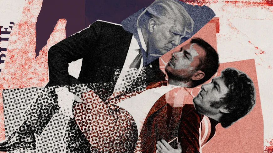 Ilustração em estilo colagem mostrando Donald Trump segurando nos braços Jair Bolsonaro e Javier Milei em pose dramática de dança, sobre um fundo com texturas e tons de vermelho, preto e bege. A ilustração utiliza a representação simbólica dos três líderes para abordar as relações entre sexo, poder e extrema direita.