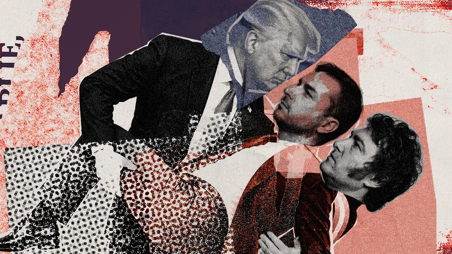 A colagem de Donald Trump, Jair Bolsonaro e Javier Milei simboliza a relação entre sexo e extrema direita, destacando como as políticas desses governos podem afetar o desejo sexual, a autonomia das mulheres e a liberdade de viver a sexualidade com prazer.