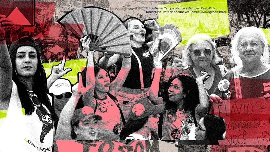 Imagem em estilo de colagem, em preto e branco, com intervenções gráficas em vermelho, rosa, verde-limão e preto. Um grupo diverso de mulheres aparece reunido em uma manifestação, algumas segurando cartazes e levantando os braços. No centro, uma mulher segura um grande leque aberto e outra aparece ao lado com o braço levantado. À direita, duas mulheres mais velhas aparecem lado a lado, uma segurando um cartaz com mensagens sobre proteção social. Ao fundo, há outras pessoas, faixas e registros de manifestações sobrepostos. No alto, aparecem os créditos: “Fotos: Walter Campanato, Lua Marques, Paulo Pinto, Tomaz Silva, Rafa Neddermeyer, Tomaz Silva/Agência Brasil”.